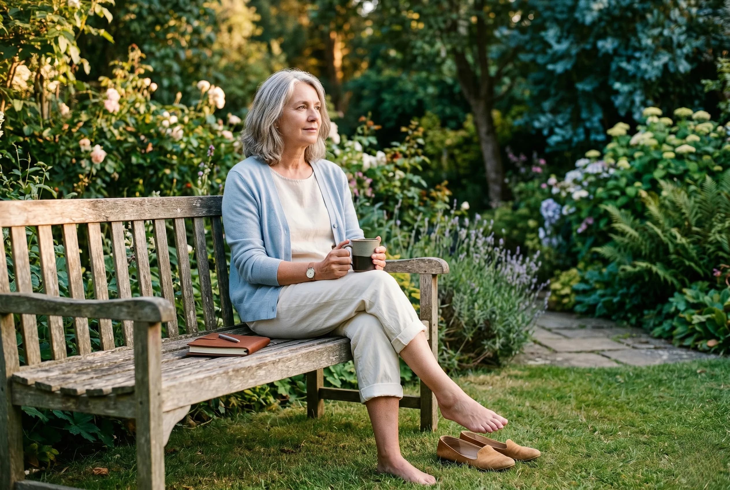 Frau Anfang 60 mit silbergrauem Haar sitzt entspannt auf einer hölzernen Gartenbank im späten Nachmittagslicht, hält eine Tasse mit beiden Händen und schaut ruhig in die Ferne. Hellblaue Strickjacke, cremefarbene Leinenhose hochgekrempelt, ein Bein angezogen barfuß, Schuhe im Gras daneben. Cottage-Garten mit Rosen, Lavendel und Hortensien.