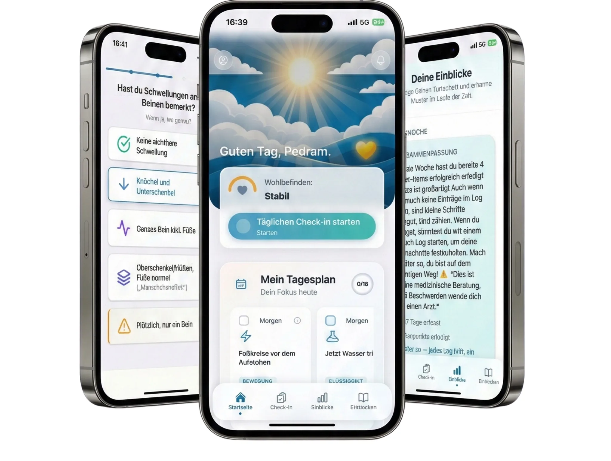 Drei Smartphones mit der Levana-App: Startseite und Tagesplan, Check-in-Frage zu den Beinen und wöchentliche Einblicke.