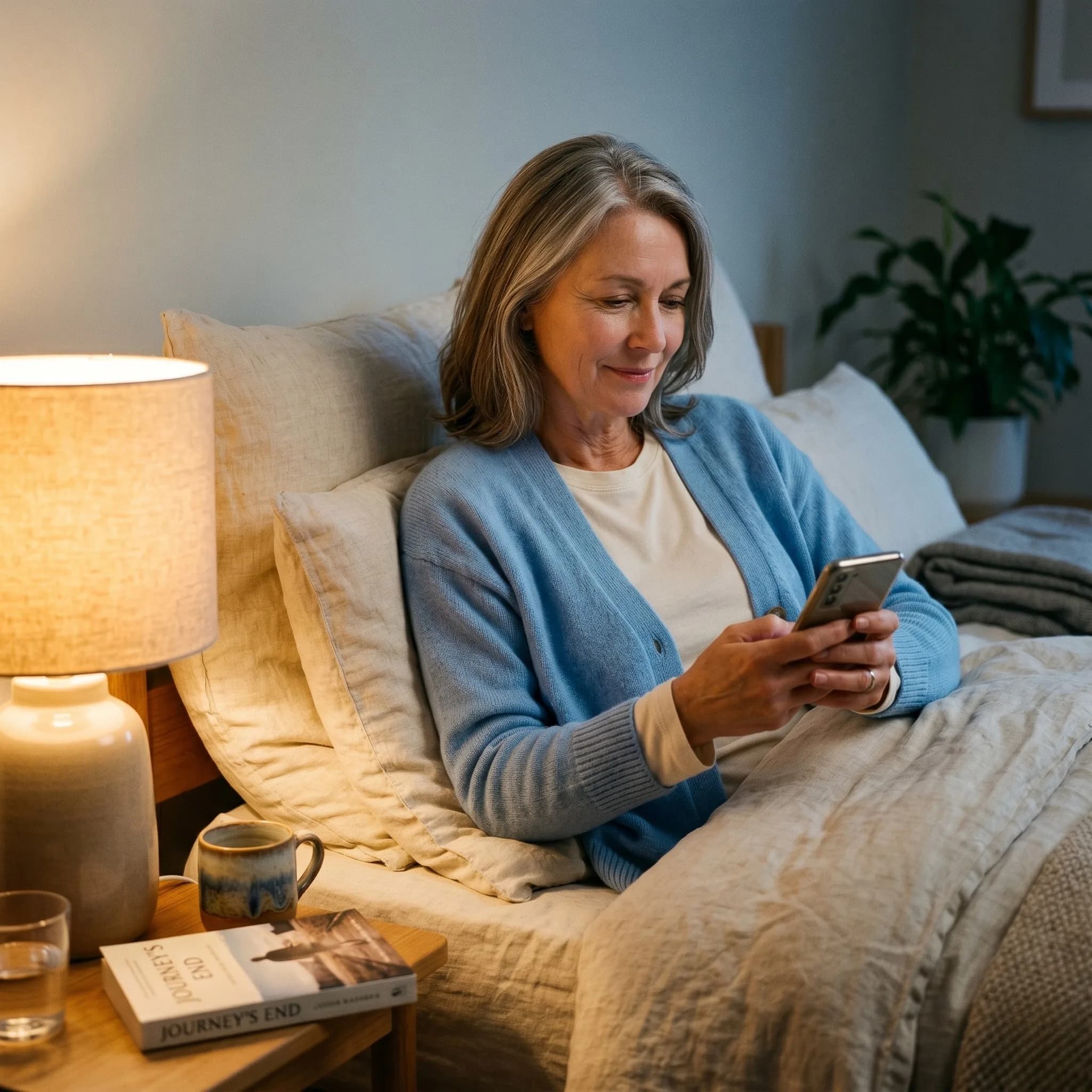 Frau Ende 50 mit silbergrau-meliertem Haar sitzt abends im Bett, gestützt auf weiche cremefarbene Kissen. Hellblaue Strickjacke über cremefarbenem Langarm-Top. Eine warme Nachttischlampe gibt sanftes Bernsteinlicht. Sie hält ihr Smartphone in beiden Händen und liest mit leichtem Lächeln eine hilfreiche Antwort. Daneben Tasse, ein Buch und ein Wasserglas.
