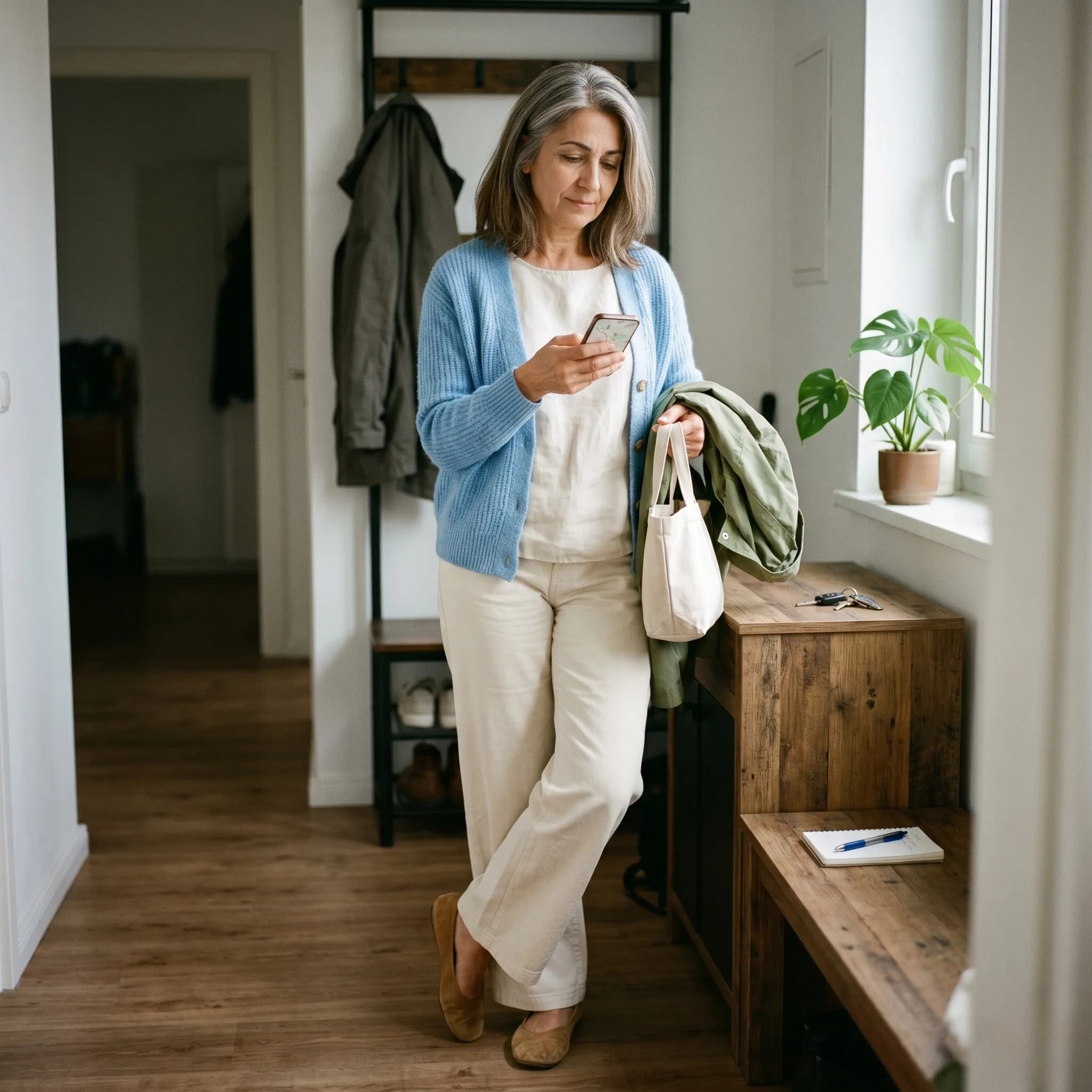 Frau Ende 50 mit silbergrau-meliertem Haar steht im Flur ihrer Wohnung, kurz bevor sie das Haus verlässt. Hellblaue Strickjacke über cremefarbenem Top, weite cremefarbene Hose, bequeme Wildleder-Slipper bereits angezogen. In einer Hand das Smartphone mit einer Adresse oder Karte, in der anderen eine kleine Stofftasche. Auf der Konsole daneben Schlüssel, Notizbuch und eine Pflanze. Tageslicht von der Seite.