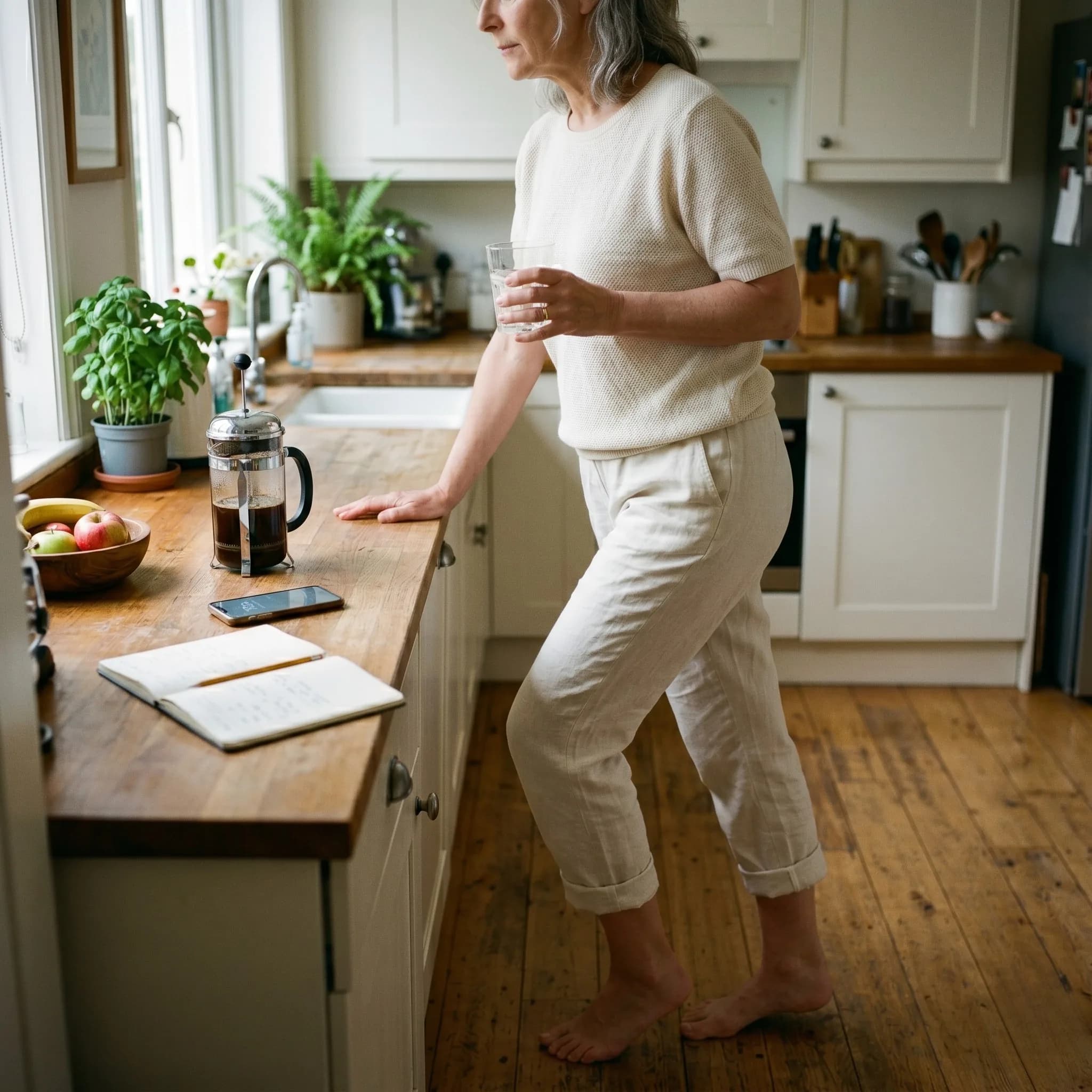 Frau Anfang 60 mit silbergrauem Haar steht morgens an ihrer Holz-Küchentheke, während der Kaffee in der French Press zieht. Cremefarbene Loungewear, Hose hochgekrempelt, barfuß auf Holzboden. In der einen Hand ein Glas Wasser, mit dem anderen Fuß macht sie eine sanfte Wadenübung. Daneben Notizbuch, Smartphone und Obstschale, weiches Morgenlicht.