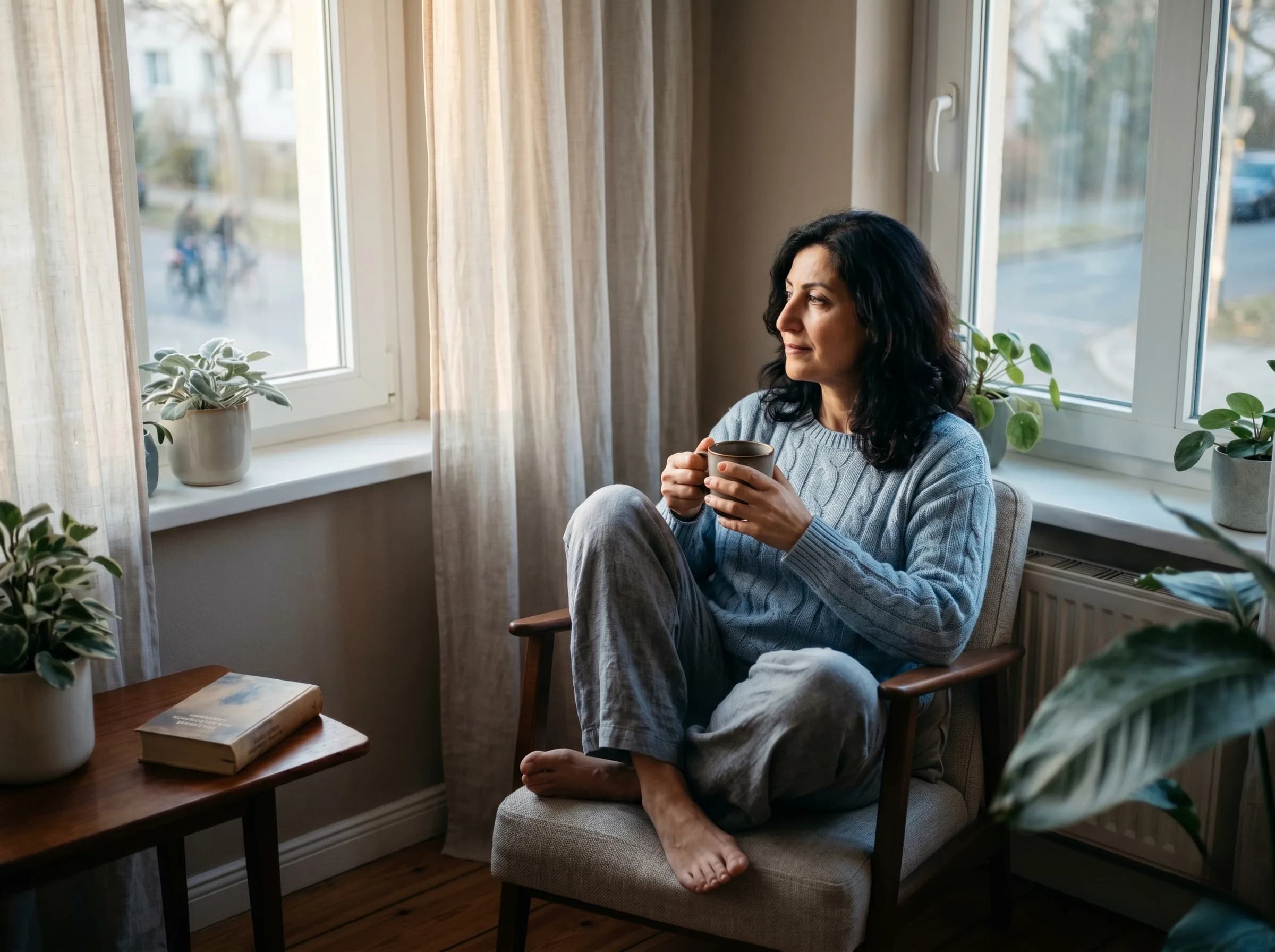 Frau Mitte 50 mit dunklen Haaren sitzt in einem hellblauen Strickpulli barfuß in einem Sessel am Fenster, hält eine Tasse in beiden Händen und blickt ruhig nach draußen. Pflanzen und ein Buch auf dem Beistelltisch.