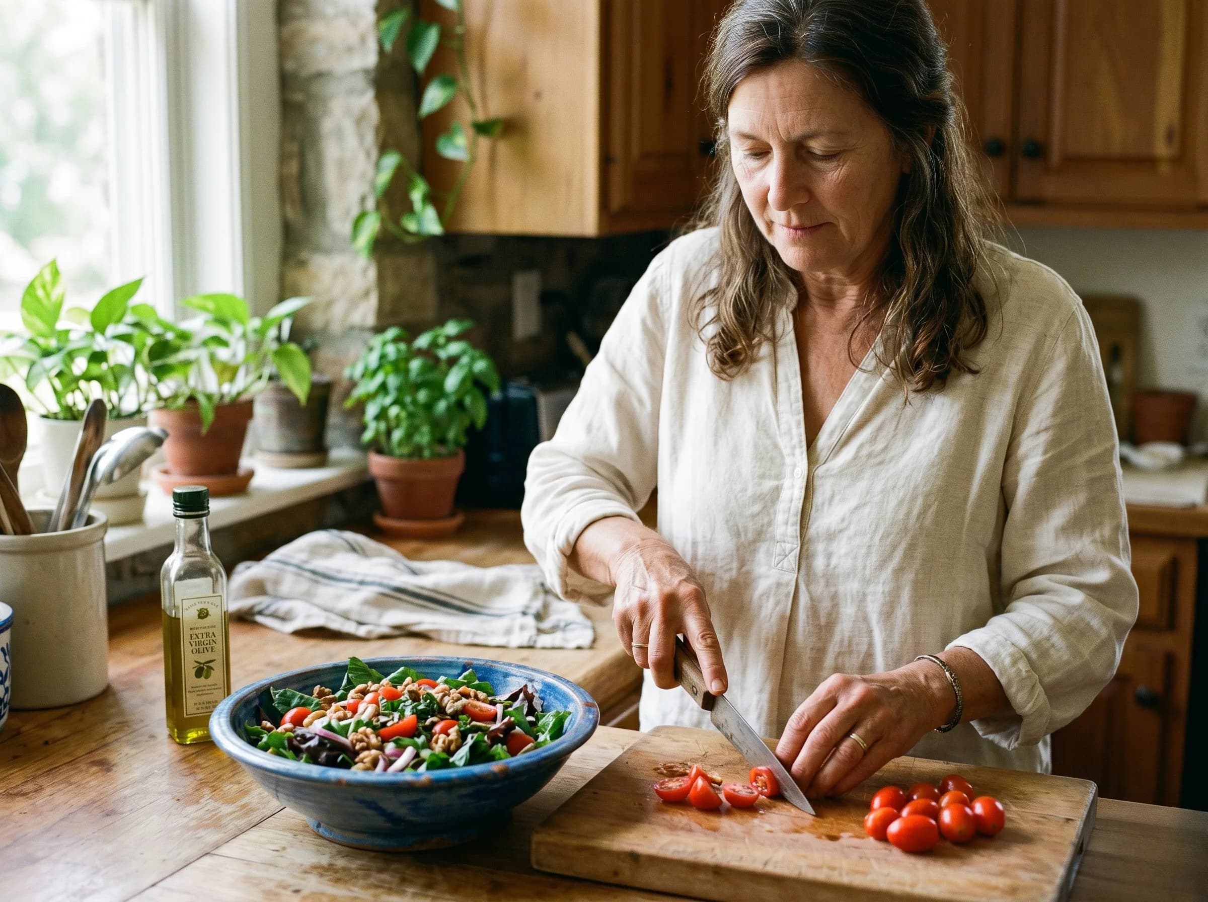 Frau Ende 50 mit braunen langen Haaren bereitet in einer warmen Holzküche einen mediterranen Salat mit Blattgrün, Tomaten und Walnüssen zu. Olivenöl, blaue Keramikschüssel, weiches Vormittagslicht.