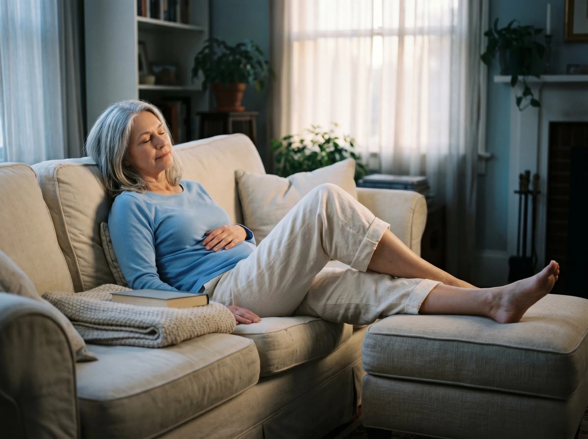 Frau Anfang 60 mit silbergrauem Haar liegt entspannt auf einem cremefarbenen Sofa, die Beine leicht hochgelagert. Hellblauer Pulli, cremefarbene Leinenhose hochgekrempelt, barfuß. Buch und gefaltete Decke daneben, weiches Abendlicht.