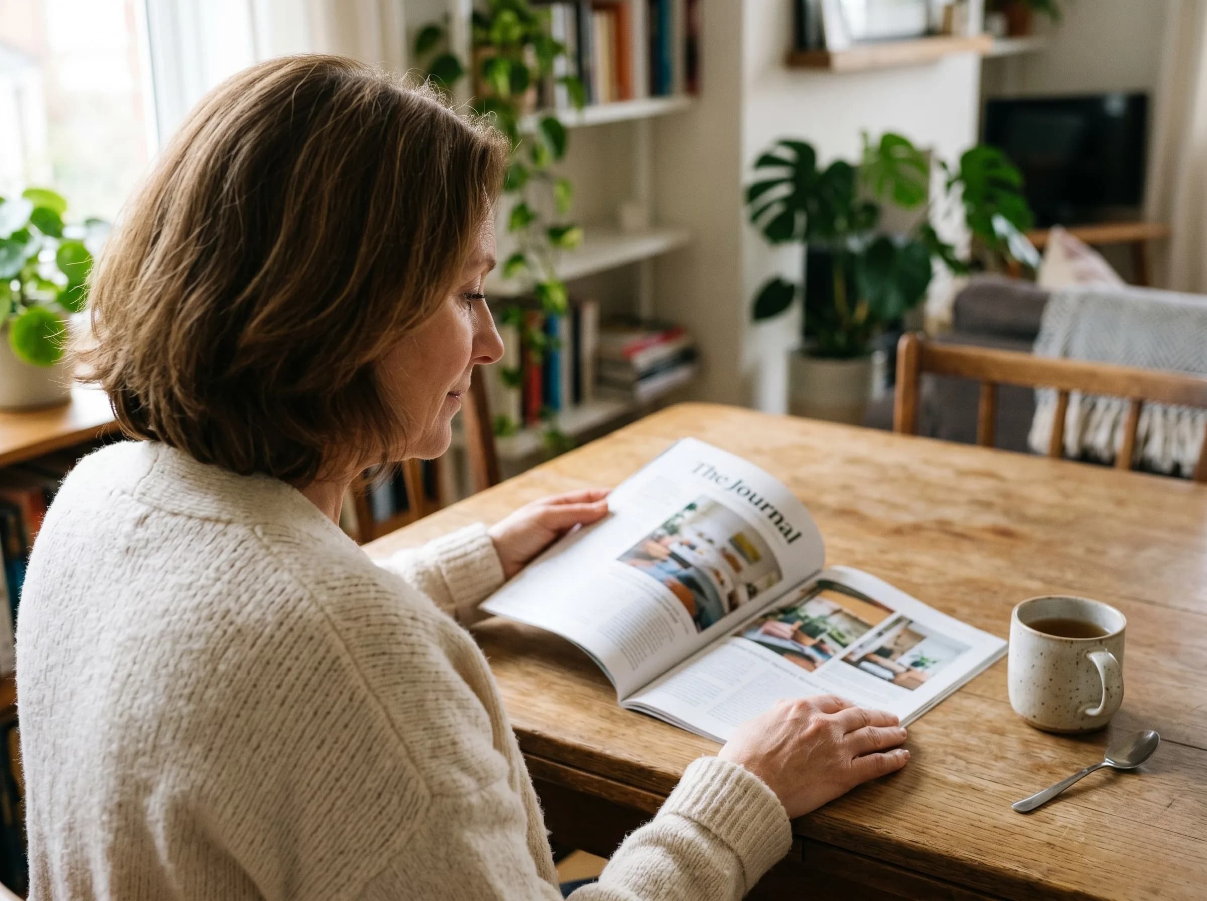 Frau Ende 50 mit braunen Haaren in cremefarbenem Strickpulli sitzt am hölzernen Esstisch und liest in einer aufgeschlagenen Zeitschrift. Tasse Tee daneben, Pflanzen und Bücherregal im Hintergrund, weiches Tageslicht.