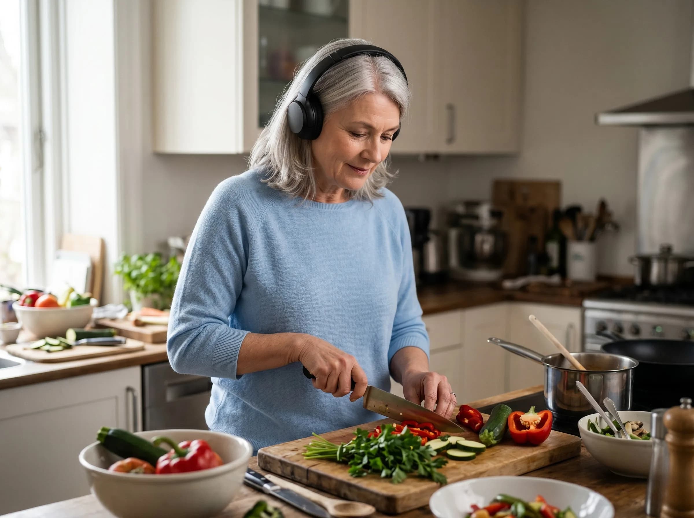 Frau Anfang 60 mit silbergrauem Haar in hellblauem Strickpulli trägt Over-Ear-Kopfhörer und schneidet konzentriert Gemüse in ihrer Küche. Bunte Paprika, Gurken und frische Kräuter auf dem Holzbrett, warmes Tageslicht.